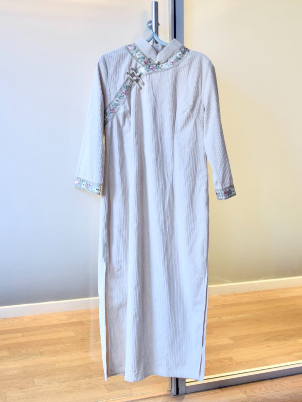 White Striped Flora Embroidered Corduroy Long Qipao - Chinese Traditional Winter